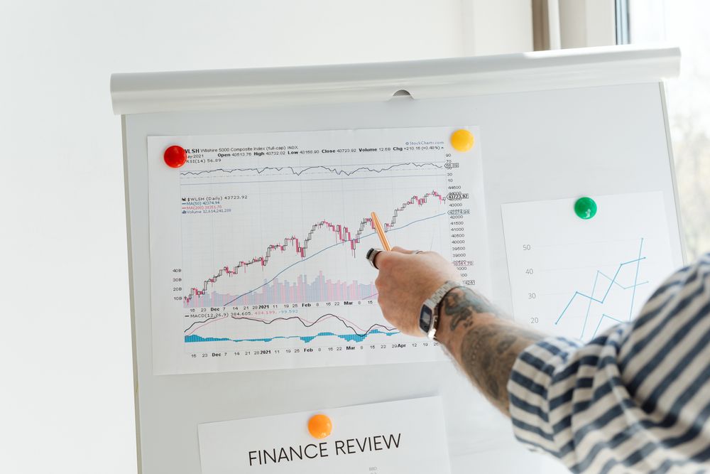 A tattooed person pointing at finance charts and graphs on a whiteboard